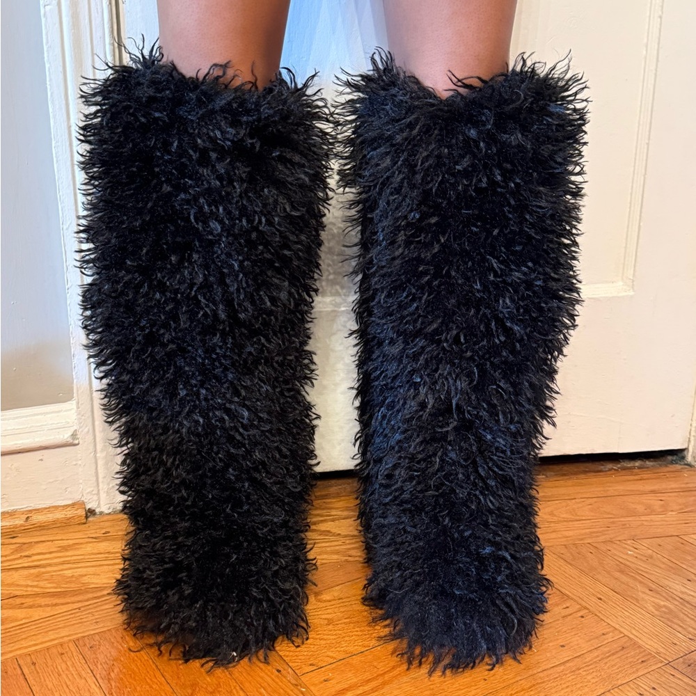 Fuzzy Black Knee-High Boots